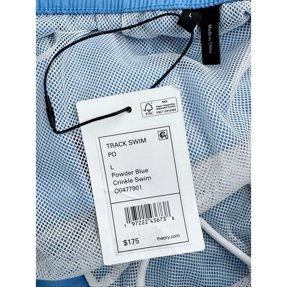 Theory Track Swim Blue Crinkle Swim Trunks Shorts L NWT Coastal Yatch Club